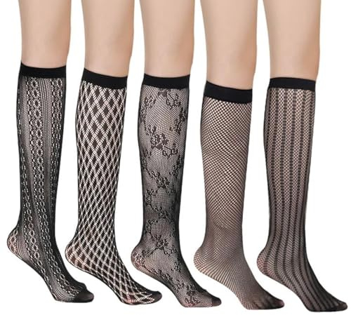 EUPSIIU 5 Paar Damensocken, ultradünn, Netzstrümpfe, kniehoch, gemustert, Fischnetzstrümpfe, Einheitsgröße, Schwarz