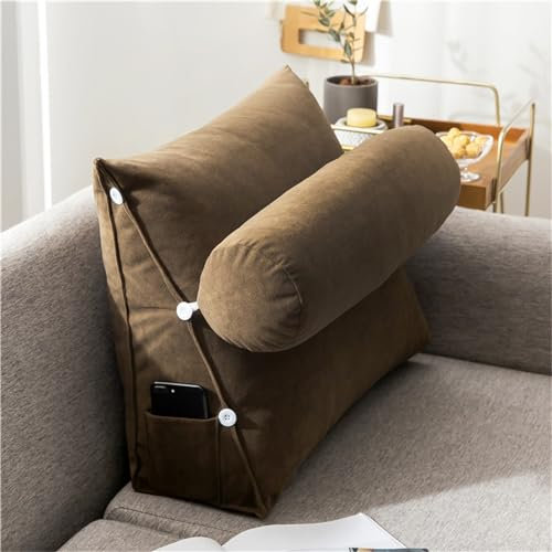 Treer Rückenkissen Lesekissen Keilkissen für Bett Sofa, Großes Lendenkissen Rückenlehne Dreieckigen Abnehmbarem Bezug Kopfteilkissen Bettkissen mit Seitenfach - Bunt (60 * 50 * 20cm,Braun)