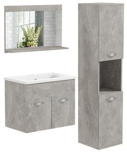 kleankin Ensemble de Meubles de Salle de Bain 3 pièces Meubles de Toilette avec Miroir étagère + Meuble Vasque + Meuble Colonne Suspendus, Gris