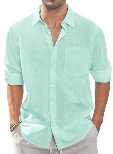 J.VER Men's Linen Cotton Shirts Long Sleeve Regular Fit Casual Solid Shirt Lightweight Summer Beach Tops with Pocket