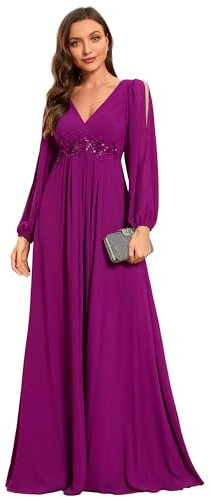 Ever-Pretty Robe Mère de Mariée Grande Taille Femme Longue Manche Longue Col V en Mousseline Applique Plissé Rouge-Violet 44