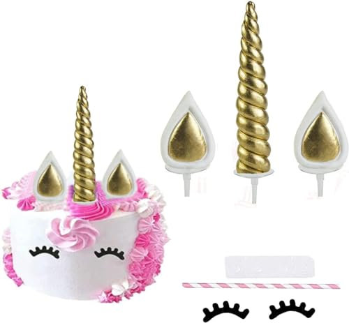 EinhornM Kuchen Topper Gold Cake Topper für Geburtstag Hochzeit Party Kuchendeko, Niedlich Horn Ohren und Wimpern Kuchen Torte Deko,für Party,Babyparty (Golden)