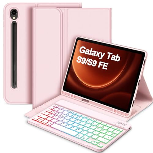 Bettdow für Samsung Galaxy Tab S10 FE 10,9 2025 Tastatur Hülle, QWERTZ Layout Abnehmbarer Beleuchtete Tastatur mit Hülle für Galaxy Tab S10 FE 10,9 Zoll/ S9 FE 10,9 Zoll/ S9 11 Zoll, Rosa