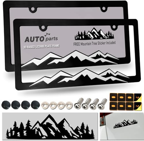 ZXFOOG Mountain-Kennzeichenrahmen, schwarzer Kunststoff-Auto-Tag-Halter mit Schraubkappen, 2 Packungen mit 2 Löchern, Weiß auf Schwarz, Vinyl-Aufkleber