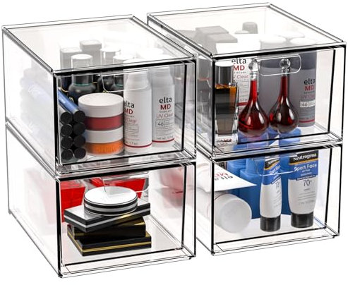 4 Pack Stackable Storage Drawers,4.5'' Tall Acrylic Bathroom Makeup Organizer,Plastic Storage Bins with Handles for Vanity,Home Kitchen Cabinets Office Organization and Storage