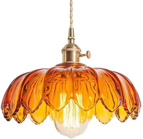Suspension Verre Plafonnier,Lustre réglable,Lumières Suspendue vintage en laiton pour la salle à manger de la chambre à coucher,Suspension Luminaire avec abat-jour ambre de 9,84 pouces,Lampe Lotus