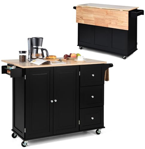 KOMFOTTEU Küchenwagen mit klappbarem Arbeitsplatte, Kücheninsel Holz, Servierwagen mit 3 Schubladen, Küchenschrank mit Rollen, Küchentrolley Kücheninselwagen Schwarz 136 x 43 x 91 cm