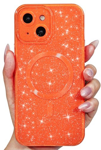 Svanove für iPhone 15 Hülle Magsafe Glitzer mit Kameraschutz, Dünn Bunt Silikon Handyhülle Mädchen Handy Hülle Magnetisch Induktives Laden, Bling Sterne Weich TPU Slim Case Schutzhülle, Neon Orange