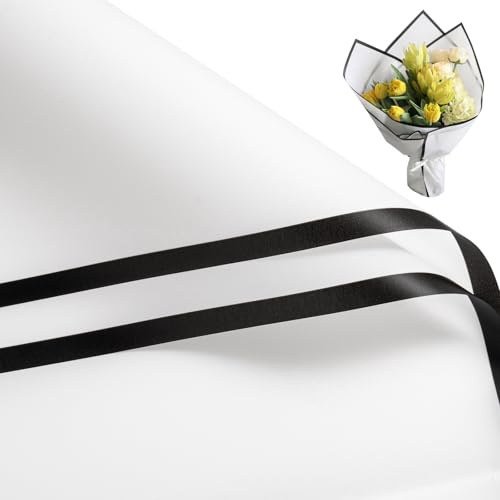 RUSPEPA 20 fogli di carta da regalo per fiori - Nero Carta da imballaggio impermeabile per bouquet floreali con bordo satinato - Forniture per fioristi, matrimoni e fai da te - Bianco/Nero