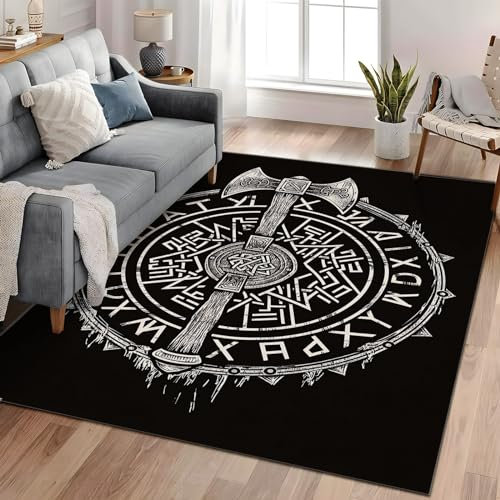 Waschbarer Wikinger-Axt Rune Wikinger-Schild Kurzflor Teppich - Weicher, Rutschfester Teppich für Wohnzimmer, Schlafzimmer - Flauschiger, Schwarz Teppiche Gegend, 140cm x 200cm