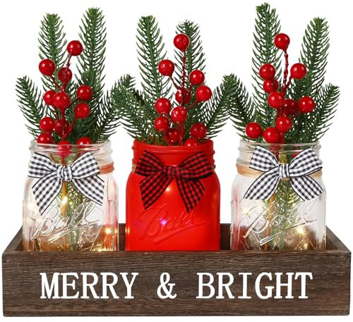 DIYDEC Weihnachts-Einmachgläser, 7,6 x 12,7 cm, bemalt, dekorativ, mit Holztablett und künstlichen Blumen, Wunschflaschen für den Winter, Urlaub, Zuhause, Tischdekoration, Geschenk, Rot, 3 Stück