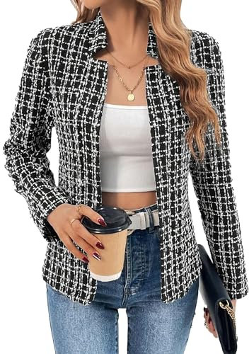 Giacca Blazer in Tweed Autunnale da Donna, con Collo a tacca, Cardigan Completamente Foderato, Casual, Lavoro e da Ufficio(Black,M)