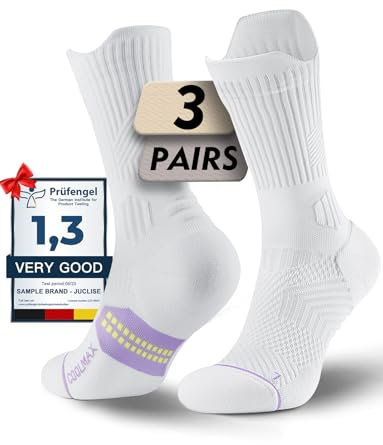 Juclise Bambus Coolmax Kompressionslaufsocken Sport Wandern Atmungsaktive Feuchtigkeitstransport Anti-Blasen Gepolstert Senkfußeinlage (DE/NL/SE/PL, Numerisch, 35, 38, Regular, Regular, Weiß Lila)