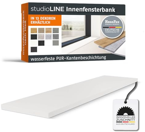 HausFux studioLINE MDF-Innenfensterbank nach Maß - 1,8 cm stark, melaminbeschichtet, mit ABS-Kante - Made in Germany - individueller Zuschnitt (Icy White, T x L | 25 x 90 cm)