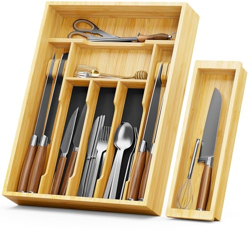 NiHome Besteckkasten aus Bambus für Schubladen, Doppelstöckiger Besteck Organizer, Besteckeinsatz mit Großem Unterfach und Verschiebbarem Oberfach, für Küche, Büro oder Bad (7.7 x 31.5 x 41.5 cm)