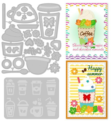 INFUNLY Coffee Cup Cutting Die for Card Making Ice-Cream Mug Metal Die Cuts Dessert Coffee Glass Cutting Die Coffee Themed Carbon Steel Embossing Stencils Template for DIY Crafts Scrapbooking Decor