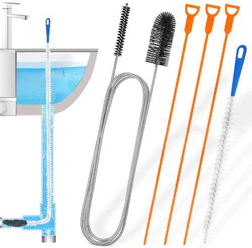 5 PCS Drain Unblocker Tools, Hair Clog Remover Sink Snake Drain 25.2 in, Double Ended Nylon Pipe Cleaner Brush 61 in, Sink Unblocker Brush 17.7in for Kitchen Sink Bathroom Shower