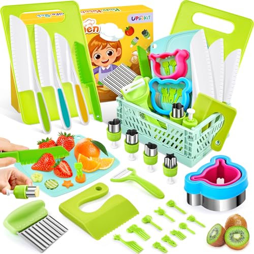 UPDOKIT Cuchillo infantil de 26 piezas, cuchillo de cocina infantil para cocina real con caja de almacenamiento plegable, tabla de cortar, palitos de frutas, pelador, cuchillo para niños a partir de 3