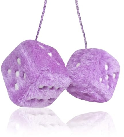 Tabanzhe Dadi fuzzy per specchietto retrovisore dell'auto, coppia di dadi viola in peluche viola con pois bianchi, decorazione quadrata per interni dell'auto