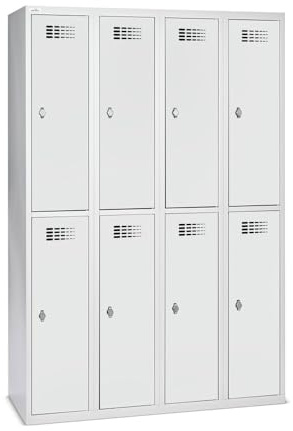 Steinbock Spind 8 Fächer | H180xB120xT50 cm | Lichtgrau | Drehriegelverschluss für Vorhängeschloss | Metallspind inkl. Kleiderstange, Kleiderhaken, Namensschild | Schließfachschrank