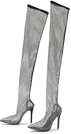 BAICAIBAI Stivali Alti alla Coscia con Tacco a Spillo per Donna da Punta in Pizzo Rete Trasparente sopra Il Ginocchio Trasparenti Sottili Eleganti Estive Discoteca Lavoro,Noir,36
