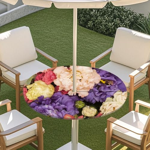 Chickwin Runde Tischdecke Outdoor Wasserdicht mit Sonnenschirm Loch und Reißverschluss, 3D Bunte Blumenwand Druck Elastischer Rand Tischdecke für Terrasse Party BBQ (Pfingstrose,91-111cm)