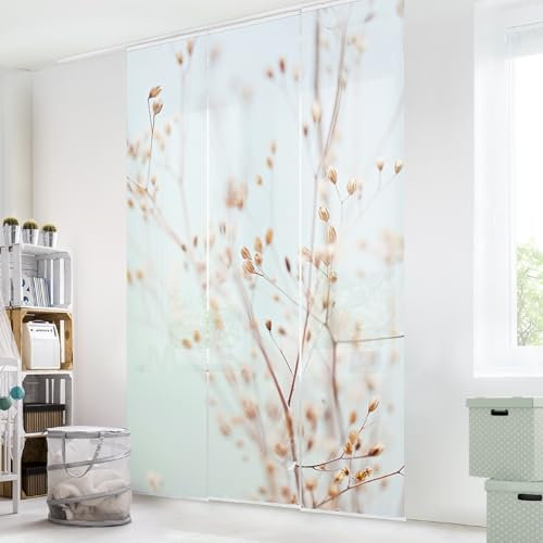 micasia Schiebegardine halbtransparent 60er Paneel Klett Blumen Textil lichtdurchlässig - Gräser Modern Flächenvorhang beige Wohnzimmer Schlafzimmer 2444 (180x250 cm - 3er Set)