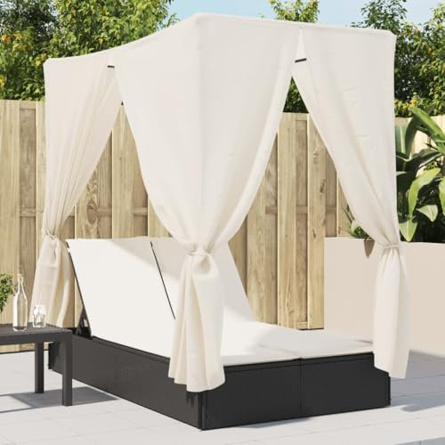 HUAKEHOM Doppelliege mit Dach und Vorhängen Sonnenliege Gartenliege Verstellbare Rückenlehne Relaxliege Sonneninsel Liege Gartenmöbel Schwarz Poly Rattan