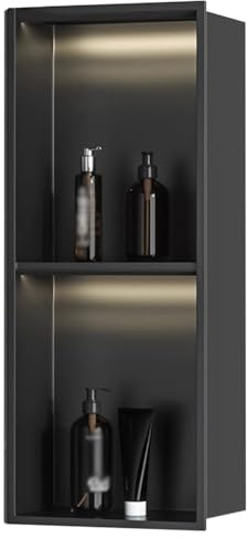 Stainless Steel Shower Niche with LED Light Wall Insert Matte Black, Embedded Wall Niche No Tile Needed, Black Bathroom Shower Storage Shelf