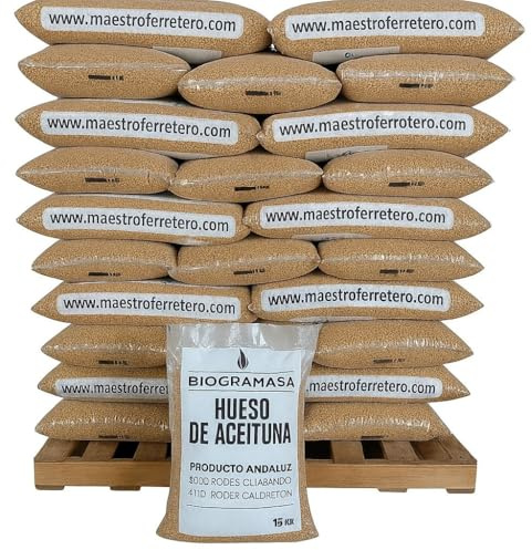 Biogramasa - Palet 77 Sacos de Hueso de Aceituna 15 kg - Biocombustible Ecológico para Estufas y Calderas, Bajo en Humedad, Alta Densidad, Máximo Poder Calorífico, Envío Nacional