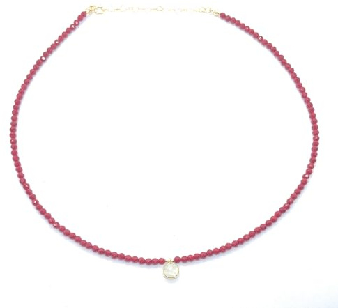 Eloboe essence Collana di Corallo Naturale 3mm, Ciondolo in Pietra di Luna, Argento 925 Placcato, 40-45cm, Rosso
