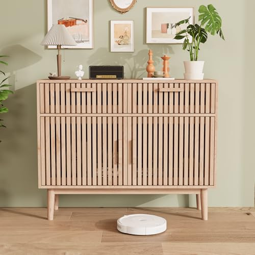 Buffet Moderne à 2 Portes, Buffet de Cuisine avec et 2 Tiroirs et Pieds en Bois Massif, Meuble de Rangement, Commode Chambre pour Salon Salle à Manger, Style Rustique (Couleur Bois, 100x35x80 cm) 