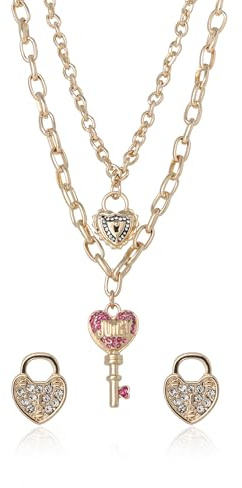 Juicy Couture Heart Lock and Key Layered Necklace and Stud (One Size) | Earrings Set for Women, Gold-Tone with Clear or Pink Crystals