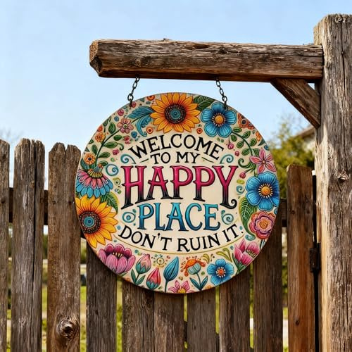 Schild “ Welcome to My Happy Place Don't Ruin It“, Vintage to My Happy Place, Metallschilder, Vintage runde Blechschilder aus Metall, Willkommens-Wandschild aus Metall (Blau)