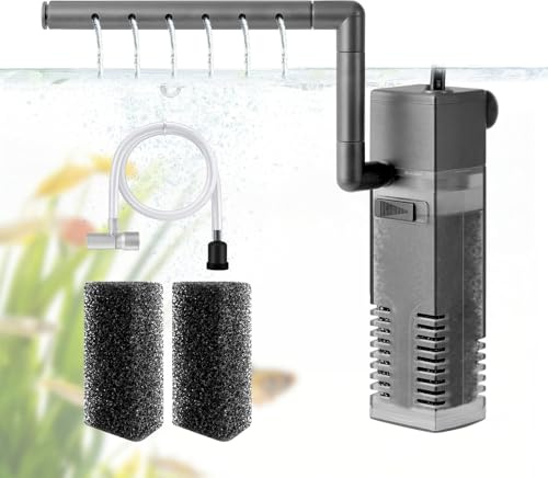 VILLNO 3W Leiser Aquarium Innenfilter, 4-IN-1 200L/H Mini Aquarium Filter mit Sauerstoffzufuhr–für 2-20L Kleine Fische Garnelen Fischbrut und Schildkröten Aquarien, mit wechselbarem Filterschwamm