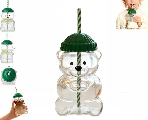 Figskey Clear Bear Straw Cup,Cute Bear Plastic Cup with Lid and Straw,Plastic Bears Cups,Cute Coffee Mugs for Coffee Wine Beverage Drinks,Leak-Proof Lid (Green)