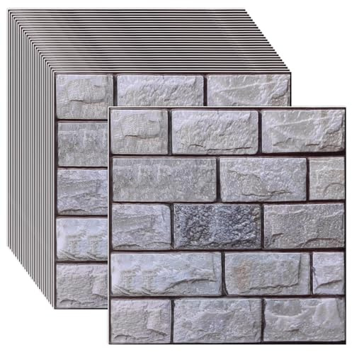 YOUNTHYE 30 Pack 3D Faux Stone Wall Panels, 11.8x 11.8 Brick Wallpaper Peel and Stick, Self Adhesive PVC Decorative Wall Tiles for Bedroom, Kitchen, Living Room, Office Decoration