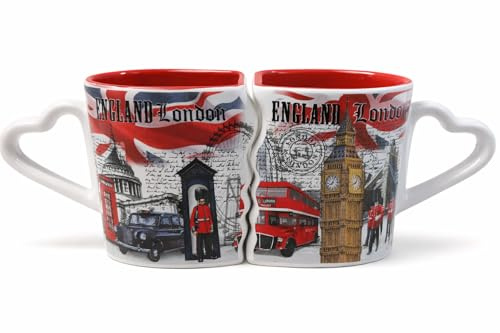 JRose Collections England London Fine China Heart Handle Mug Set of 2 – 250ml Red Interior Ceramic Cups with Iconic London Landmarks
