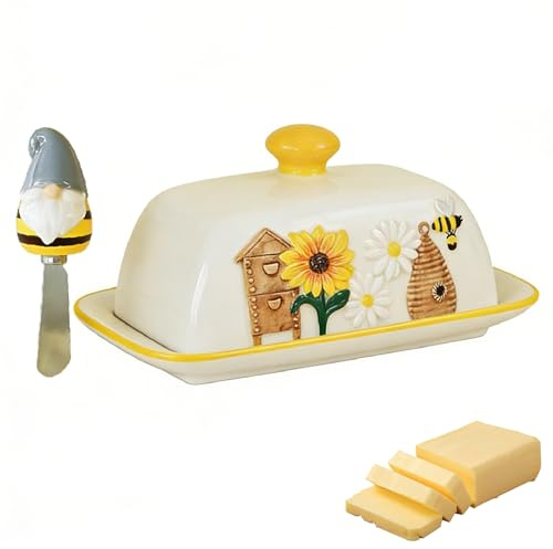 Skeadex Butterdose Keramik mit Deckel,Butterglocke mit Messer mit Bienen Blumen Muster,Französische Butterdose Porzellan Butter Dose mit Bienen Wichtel Buttermesser Butter Dish für Haushalt Küche (A)