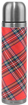 coosun Royal Stewart Tartan Stainless Steel Flasks Water Bottle Vacuum Insulated Cup Leak Proof Double Vacuum Bottle, PU Leather Travel Thermal Mug,17 oz