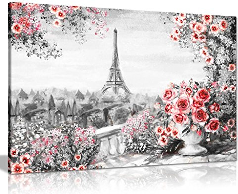 Paris Oil Painting Black White Red With Roses Canvas Canvas Wall Art Picture Print (36x24)