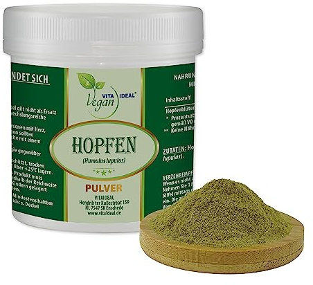 VITA IDEAL Vegan® HOPFEN - BLÜTEN 50g - PULVER - Humulus Iupulus - Tagesportion 660mg HOPFENBLÜTEN - getrocknet & gemahlen. Natürlich, pflanzlich & ohne Zusatzstoffe. Inklusive Messlöffel.
