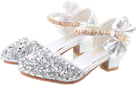 YOSICIL Mädchen Prinzessin Schuhe ELSA Glitzer Sandalen Flamenco Schuhe Mädchen Partei Kristall Schuhe Bowknot Hochzeitsschuhe Festschuhe Karneval Halloween Weihnachten Party,Mode02 Silber,34