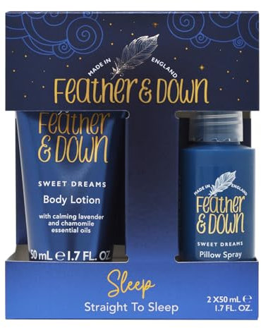 Feather & Down Geschenkset „Straight to Sleep“ (50ml Kopfkissenspray & 50ml Bodylotion) – Das perfekte Duo zum Einschlafen, angereichert mit ätherischem Lavendel und Kamillenöl. Natürliche Extrakte.