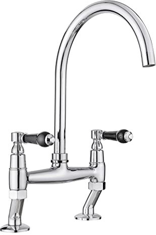 JASSFERRY Traditional Bridge Mixer Tap Black Ceramic Lever Handles Deck Mounted Monobloc Classic 2 Hole Kitchen Sink Chrome Faucet with Swivel Spout