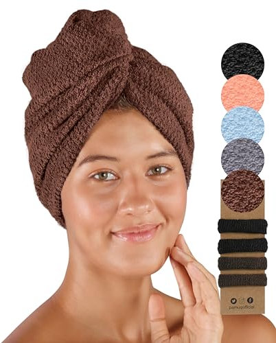 Pamuq Haarturban Baumwolle 100% - Braun, 2er Set - Mit 2 Knöpfen - Turban-Handtuch Kopf-Handtuch Schnelltrocknend Hair Towel Haartrockentuch