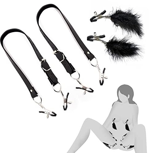 Set Pince tetons sexuel femme avec plumes+ pinces à vaginale poitrine avec sangles cuir réglables,SM Sex toys pinces à tétons jouets sexuels fétiche bondage torture sexuelle pour couples