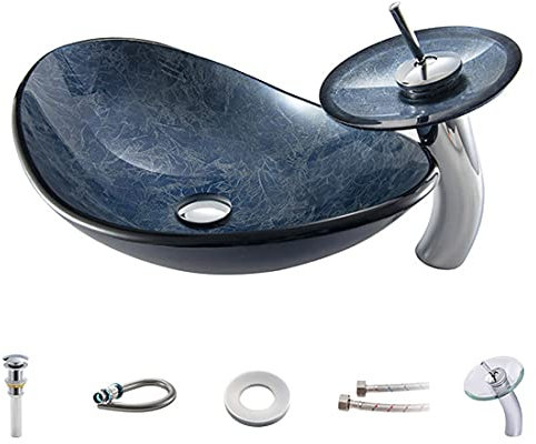 XYEJL Modern Gehärtetes Glas Oval Waschbecken Aufsatzwaschbecken mit Ablaufgarnitur und Montagering,Geeignet Für Familie,Restaurant,Hotel,A