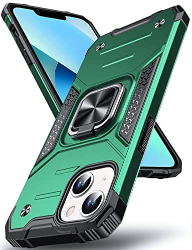 DASFOND Armor Hülle für iPhone 13 Case,Hülle für iPhone 14 Militärische Stoßfeste Handyhülle [Upgrade 2.0] 360 ° Ständer Cover für Auto Magnet, Dunkelgrün