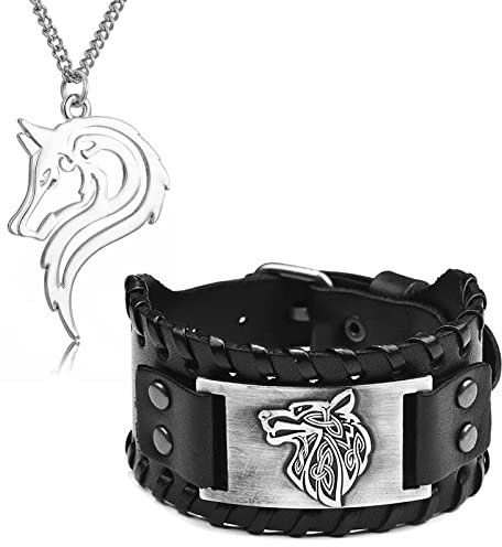 HJYZY 2 Stück Mode Halskette Herren Wolf Anhänger Wikinger Armband Wolf Fenrir Vintage Nordic Armband Talisman Cosplay Kostüm Armband